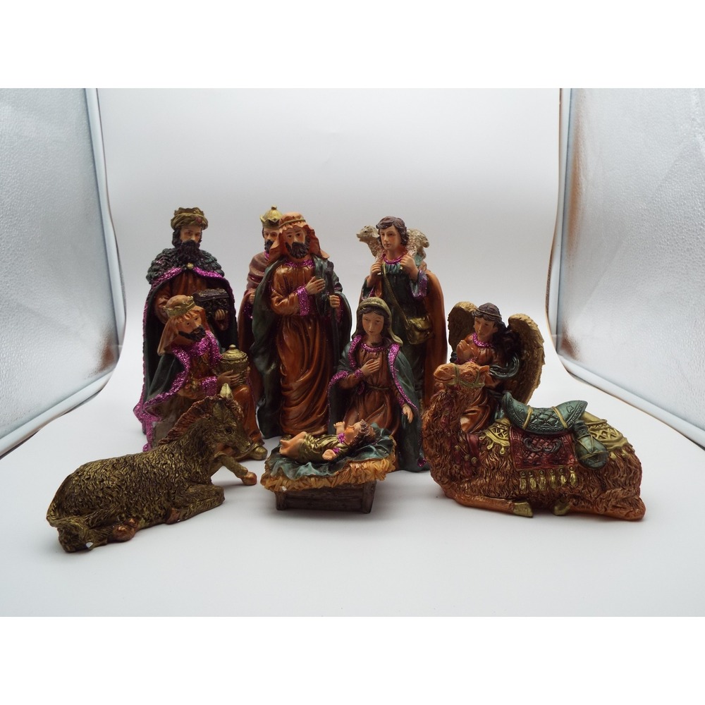Nativity Set #4 Resin Christmas Figurines with Pink Glitter Accents 10 Pieces